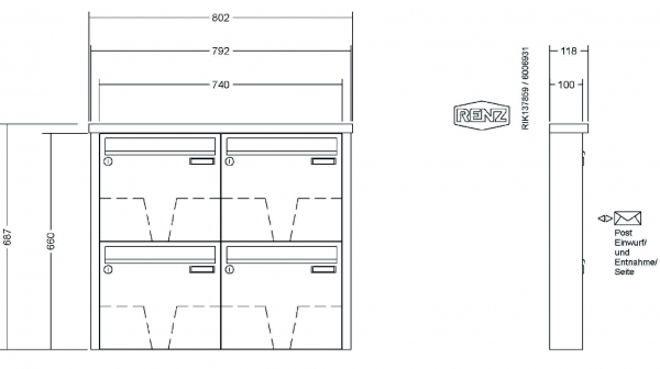 RENZ Briefkastenanlage Aufputz Tetro Kastenformat 370x330x100mm, 4-teilig